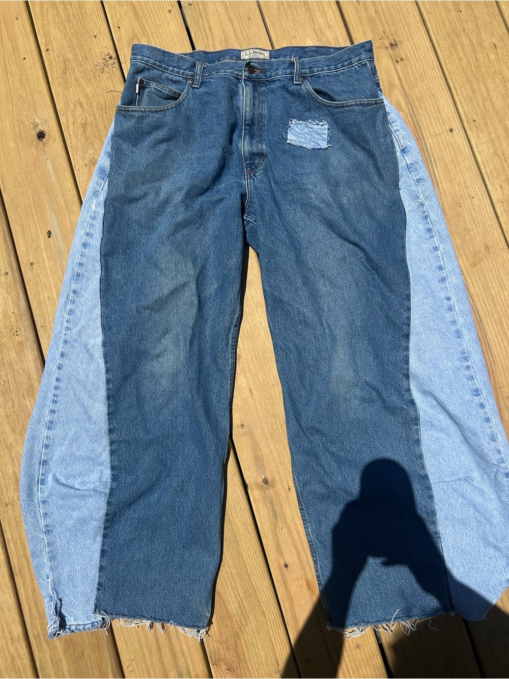 Upcycled horseshoe barrel B side jeans LL bean XL 38x30